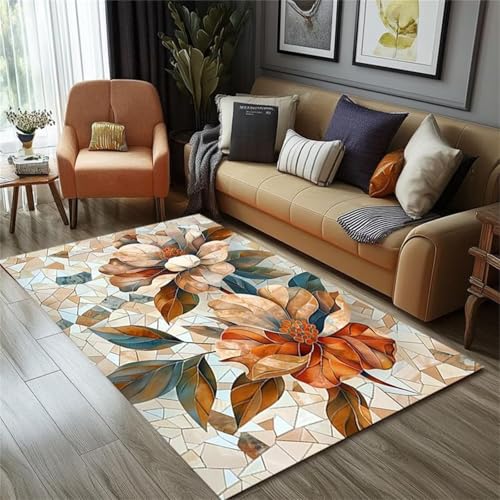 Cooiiye Teppich 120x180cm Glasmuster Blumen Moderner Großer Teppich,Teppichs Wohnzimmer Waschbarer, rutschfest Easy Clean teppichs für Schlafzimmer, Balkon, Auch, KüChe oder Esszimmer Geeignet von Cooiiye