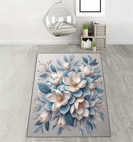 Cooiiye Teppich 140x200cm Blaue Beige Blumen Moderner Großer Teppich,Teppichs Wohnzimmer Waschbarer, rutschfest Easy Clean teppichs für Schlafzimmer, Balkon, Auch, KüChe oder Esszimmer Geeignet von Cooiiye