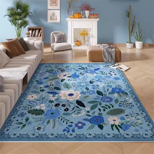 Cooiiye Teppich 140x200cm Blaue Blumen Moderner Großer Teppich,Teppichs Wohnzimmer Waschbarer, rutschfest Easy Clean teppichs für Schlafzimmer, Balkon, Auch, KüChe oder Esszimmer Geeignet von Cooiiye