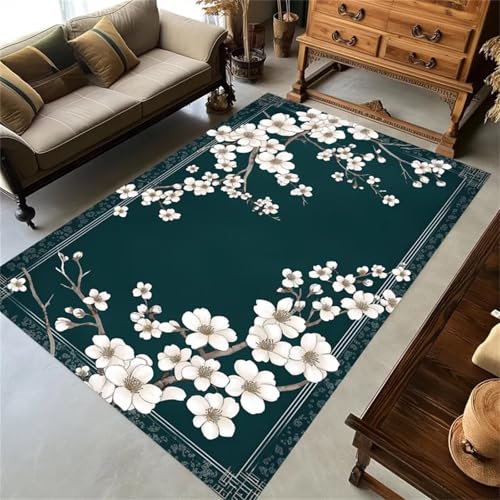 Cooiiye Teppich 140x200cm Weiße Blumen Moderner Großer Teppich,Teppichs Wohnzimmer Waschbarer, rutschfest Easy Clean teppichs für Schlafzimmer, Balkon, Auch, KüChe oder Esszimmer Geeignet von Cooiiye