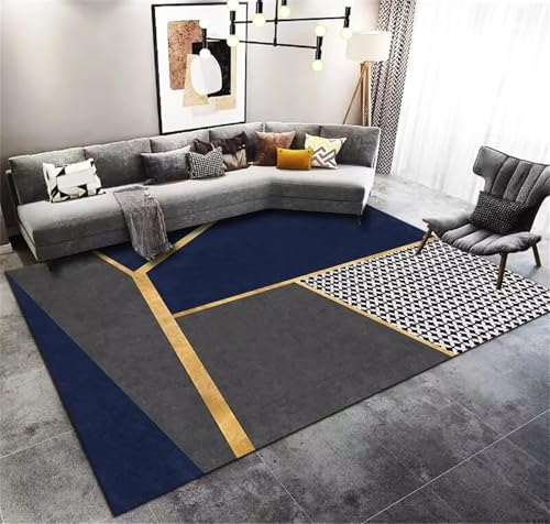 Cooiiye Teppich 160x230cm Blau Grau Golden Moderner Großer Teppich,Teppichs Wohnzimmer Waschbarer, rutschfest Easy Clean teppichs für Schlafzimmer, Balkon, Auch, KüChe oder Esszimmer Geeignet von Cooiiye