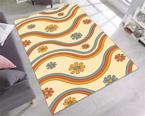 Cooiiye Teppich 160x230cm Gewellte Streifen Blumen Moderner Großer Teppich,Teppichs Wohnzimmer Waschbarer, rutschfest Easy Clean teppichs für Schlafzimmer, Balkon, Auch, KüChe oder Esszimmer Geeignet von Cooiiye