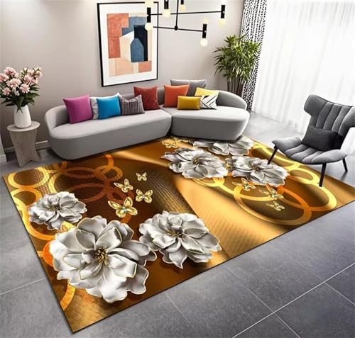 Cooiiye Teppich 160x230cm Goldene weiße Blumen Moderner Großer Teppich,Teppichs Wohnzimmer Waschbarer, rutschfest Easy Clean teppichs für Schlafzimmer, Balkon, Auch, KüChe oder Esszimmer Geeignet von Cooiiye