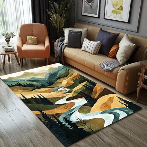 Cooiiye Teppich 160x230cm Landschaft Berg Fluss Moderner Großer Teppich,Teppichs Wohnzimmer Waschbarer, rutschfest Easy Clean teppichs für Schlafzimmer, Balkon, Auch, KüChe oder Esszimmer Geeignet von Cooiiye