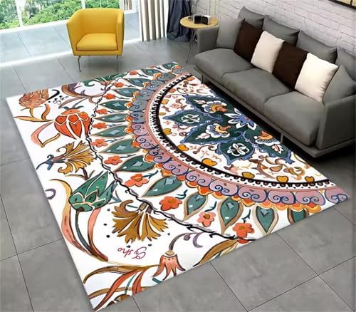 Cooiiye Teppich 160x230cm Weiße Mandala-Blumen Moderner Großer Teppich,Teppichs Wohnzimmer Waschbarer, rutschfest Easy Clean teppichs für Schlafzimmer, Balkon, Auch, KüChe oder Esszimmer Geeignet von Cooiiye