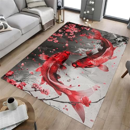 Cooiiye Teppich 180x250cm Rote Koi-Blumen Moderner Großer Teppich,Teppichs Wohnzimmer Waschbarer, rutschfest Easy Clean teppichs für Schlafzimmer, Balkon, Auch, KüChe oder Esszimmer Geeignet von Cooiiye