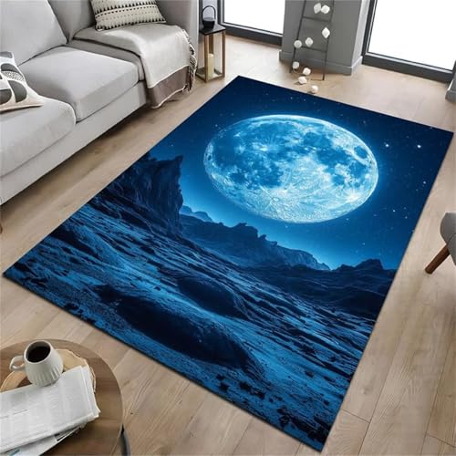 Cooiiye Teppich 40x120cm Blauer Mond Moderner Großer Teppich,Teppichs Wohnzimmer Waschbarer, rutschfest Easy Clean teppichs für Schlafzimmer, Balkon, Auch, KüChe oder Esszimmer Geeignet von Cooiiye