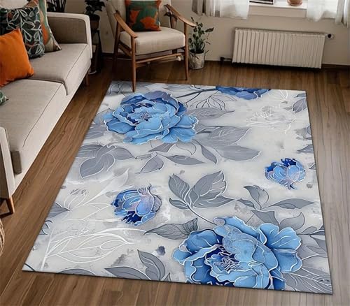 Cooiiye Teppich 40x120cm Graublaue Blumen Moderner Großer Teppich,Teppichs Wohnzimmer Waschbarer, rutschfest Easy Clean teppichs für Schlafzimmer, Balkon, Auch, KüChe oder Esszimmer Geeignet von Cooiiye