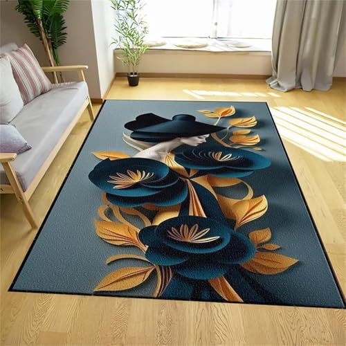 Cooiiye Teppich 40x60cm Blaue Blumen Frau Moderner Großer Teppich,Teppichs Wohnzimmer Waschbarer, rutschfest Easy Clean teppichs für Schlafzimmer, Balkon, Auch, KüChe oder Esszimmer Geeignet von Cooiiye