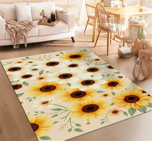Cooiiye Teppich 40x60cm Gelbe Blumen Braun Moderner Großer Teppich,Teppichs Wohnzimmer Waschbarer, rutschfest Easy Clean teppichs für Schlafzimmer, Balkon, Auch, KüChe oder Esszimmer Geeignet von Cooiiye