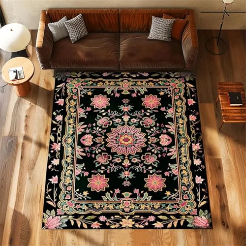 Cooiiye Teppich 40x60cm Schwarze rosa Blumen Moderner Großer Teppich,Teppichs Wohnzimmer Waschbarer, rutschfest Easy Clean teppichs für Schlafzimmer, Balkon, Auch, KüChe oder Esszimmer Geeignet von Cooiiye