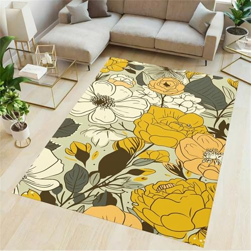 Cooiiye Teppich 50x160cm Beigegelbe Blumen Moderner Großer Teppich,Teppichs Wohnzimmer Waschbarer, rutschfest Easy Clean teppichs für Schlafzimmer, Balkon, Auch, KüChe oder Esszimmer Geeignet von Cooiiye