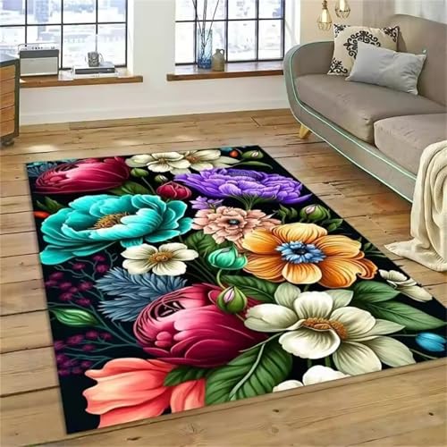 Cooiiye Teppich 60x90cm Bunte Tropische Blumen Moderner Großer Teppich,Teppichs Wohnzimmer Waschbarer, rutschfest Easy Clean teppichs für Schlafzimmer, Balkon, Auch, KüChe oder Esszimmer Geeignet von Cooiiye