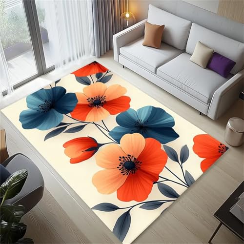 Cooiiye Teppich 80x120cm Blaue rote Blumen Moderner Großer Teppich,Teppichs Wohnzimmer Waschbarer, rutschfest Easy Clean teppichs für Schlafzimmer, Balkon, Auch, KüChe oder Esszimmer Geeignet von Cooiiye