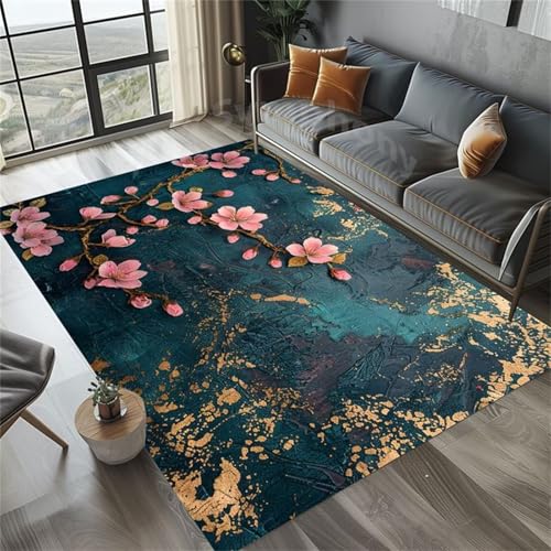 Cooiiye Teppich 80x150cm Blaue rosa Blumen Moderner Großer Teppich,Teppichs Wohnzimmer Waschbarer, rutschfest Easy Clean teppichs für Schlafzimmer, Balkon, Auch, KüChe oder Esszimmer Geeignet von Cooiiye