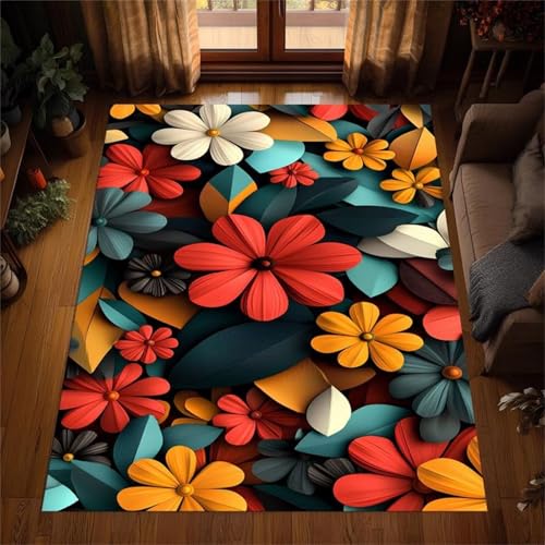 Cooiiye Teppich 80x150cm Blumen Rot Gelb Moderner Großer Teppich,Teppichs Wohnzimmer Waschbarer, rutschfest Easy Clean teppichs für Schlafzimmer, Balkon, Auch, KüChe oder Esszimmer Geeignet von Cooiiye