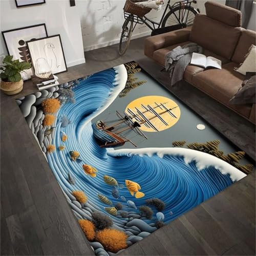 Cooiiye Teppich Wohnzimmer 120x160cm,Waschbarer Teppich mit Rutschfester Rückseite – Modern Weich Drucken Teppichs für Büro Esszimmer Kinderzimmer Dekor - Malerisches Ozean-Segelboot von Cooiiye