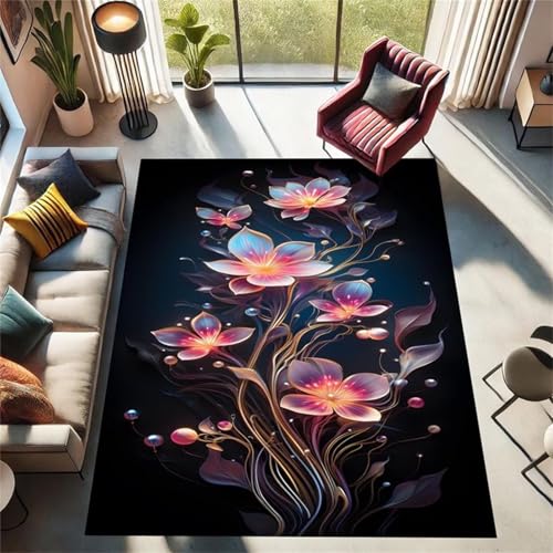 Cooiiye Teppich Wohnzimmer 120x180cm,Waschbarer Teppich mit Rutschfester Rückseite – Modern Weich Drucken Teppichs für Büro Esszimmer Kinderzimmer Dekor - Rosa Blumen von Cooiiye