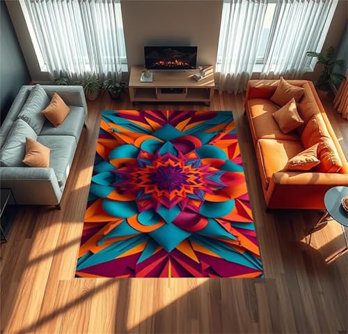 Cooiiye Teppich Wohnzimmer 140x200cm,Waschbarer Teppich mit Rutschfester Rückseite – Modern Weich Drucken Teppichs für Büro Esszimmer Kinderzimmer Dekor - Orange Blau Lila von Cooiiye
