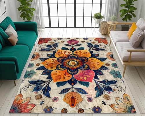 Cooiiye Teppich Wohnzimmer 180x250cm,Waschbarer Teppich mit Rutschfester Rückseite – Modern Weich Drucken Teppichs für Büro Esszimmer Kinderzimmer Dekor - Blumenmandala Orange von Cooiiye
