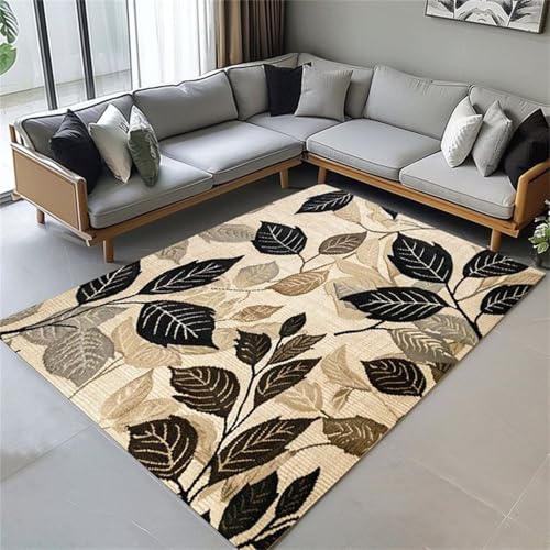 Cooiiye Teppich Wohnzimmer 80x120cm,Waschbarer Teppich mit Rutschfester Rückseite – Modern Weich Drucken Teppichs für Büro Esszimmer Kinderzimmer Dekor - Schwarze Blätter Grau von Cooiiye