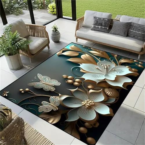 Teppich 120x180cm Goldene botanische Blumen Moderner Großer teppich,Teppichs Wohnzimmer Waschbarer, Rutschfest Easy Clean teppichs für Schlafzimmer, Balkon, Auch, KüChe oder Esszimmer Geeignet von Cooiiye