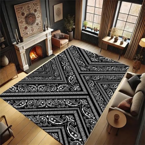 Teppich 120x180cm Schwarze Blumen im ethnischen Stil Moderner Großer teppich,Teppichs Wohnzimmer Waschbarer,Rutschfest Easy Clean teppichs für Schlafzimmer,Balkon,Auch,KüChe oder Esszimmer Geeignet von Cooiiye