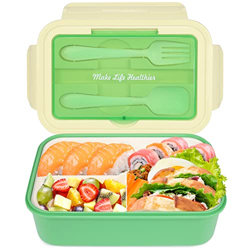 Cooja Brotdose Bento Lunch Box, 1400ML Lunchbox Erwachsene Kinder, Brotzeitbox Auslaufsicher mit 3 Fächern Brotbox Mikrowellengeeignet Eingebaut Besteckset Löffel & Gabel, Lindgrün von Cooja