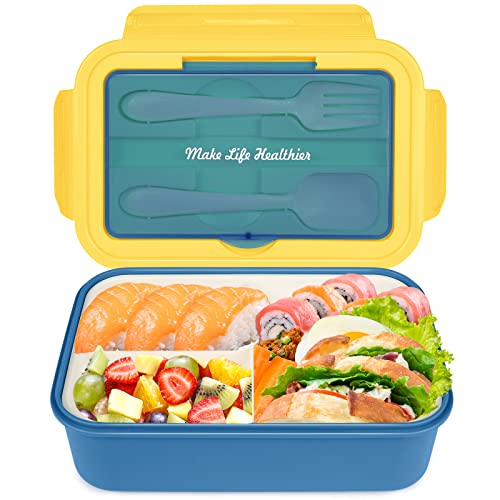 Cooja Brotdose Bento Lunch Box, 1400ML Lunchbox Erwachsene Kinder, Brotzeitbox Auslaufsicher mit 3 Fächern Brotbox Butterbrotdose Mikrowellengeeignet Eingebaut Besteckset Löffel & Gabel, Blau von Cooja