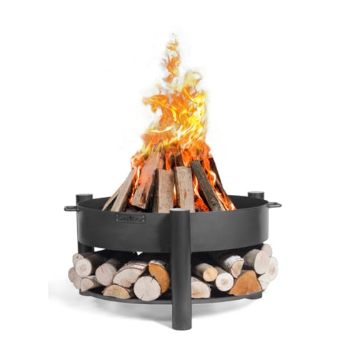 Cook King Stahl Feuerschale Montana | Ø 60x45 cm, Schwarz | Inkl. Holzlager | Handgefertigt in Europa | Grillschale Windgeschützt & Robust von Cook King