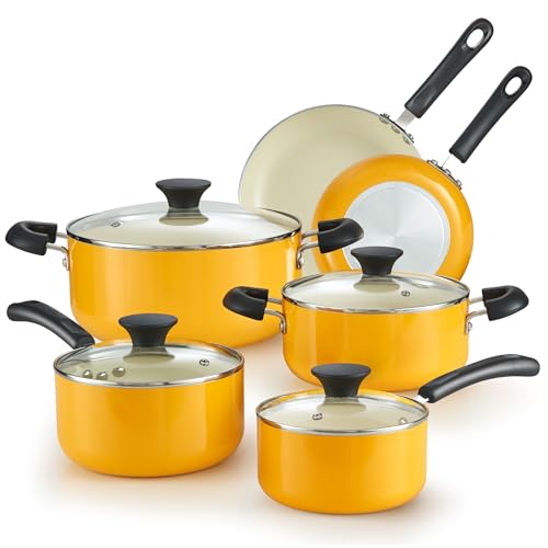 Cook N Home Töpfe und Pfannen Set Antihaft, 10-teiliges Keramik-Küchen-Kochgeschirr-Sets, Antihaft-Kochset mit Töpfen, Bratpfannen, Dutch Oven Topf mit Deckel, Gelb von Cook N Home