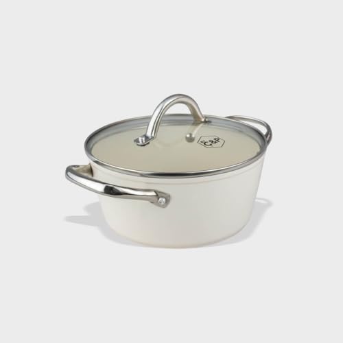 Cook & Pan - Go Ivory Kochtopf mit Deckel 20 cm-Induktionsgeeignet-PFAS frei- Keramik-Beschichtung -Antihaft- wärmeisolierter Griff- Aluminium- Creme von Cook and Pan