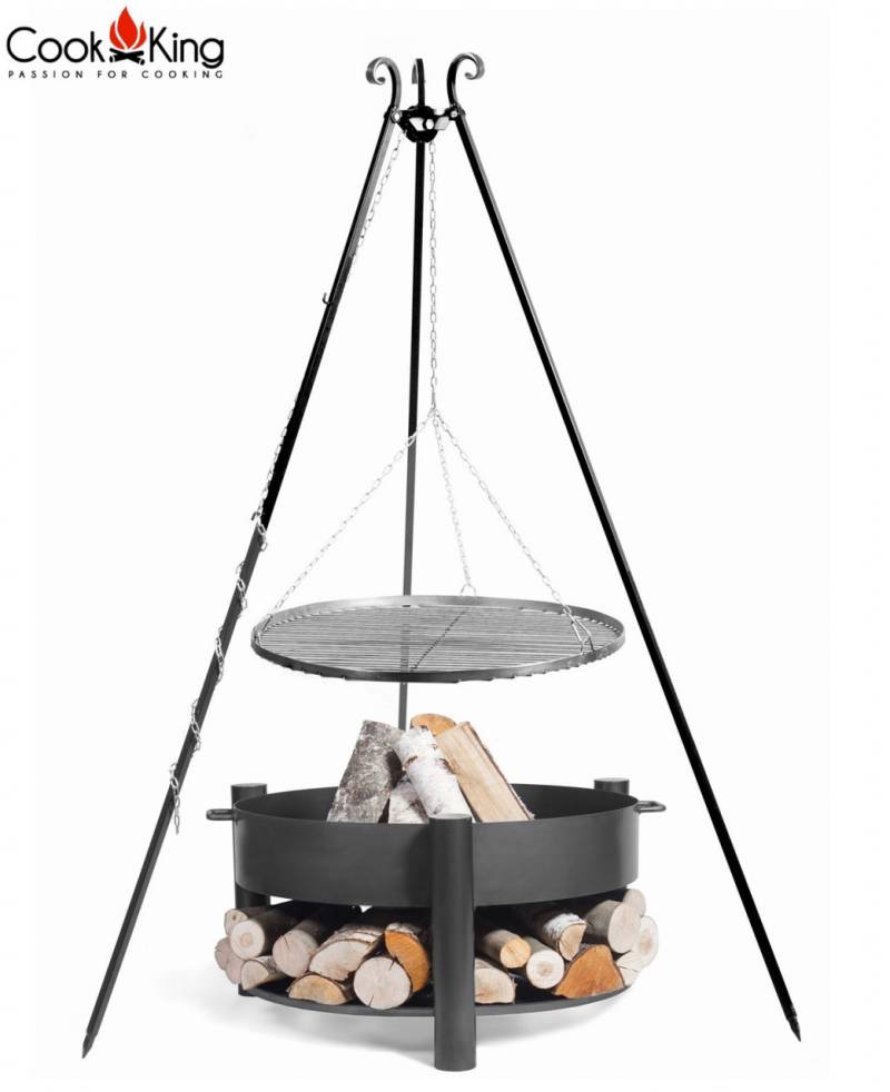 Set: Dreibein H 180 cm mit Grillrost Ø 50 cm aus Rohstahl + Feuerschale "Montana" Ø 60 cm Grillen von CookKing
