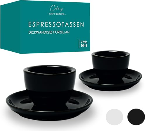 Cookery® Espressotassen 2er Set 90ml aus Porzellan (dickwandig) mit Untertasse | ohne Henkel | Espresso tassen set | Mokkatassen Set | Espressobecher | (Schwarz) von Cookery
