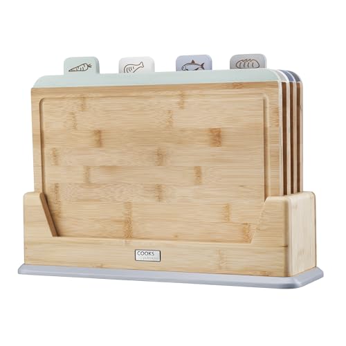 Cooks Professional 4er Set Index Schneidebretter | Bambus Schneidebretter mit Ständer | Holz Lebensmittelzubereitung Schneideblöcke mit Laschen für Obst & Gemüse, Fleisch, Fisch & Brot | Mehrfarbig von Cooks Professional