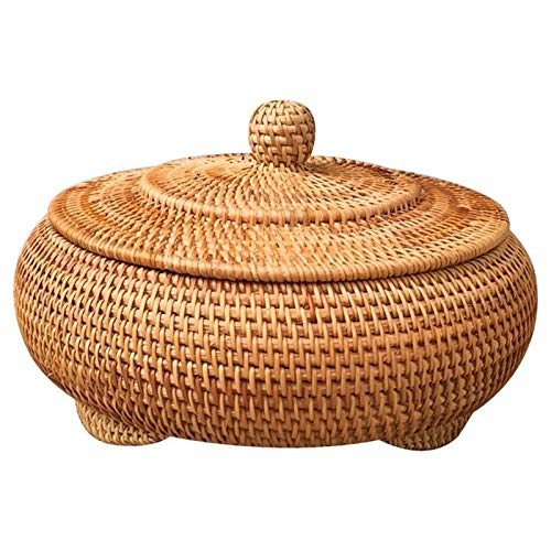 Cookwowe Aufbewahrungs Korb Hand Gewebtes Rattan, Gewebt mit Deckel Runde Farbe Chinesischer Schmuck Snacks Tee Service Aufbewahrungs Box von Cookwowe