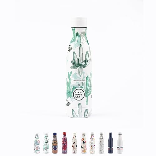 Cool Bottles Thermosflasche - 500 ml - Watercolor Cactus x Lara Costafreda - Wasserflasche aus Edelstahl - Kalte Getränke 36 Stunden und Heiße Getränke 18 Stunden - 3D-Druck Oberfläche - BPA Frei von Cool Bottles