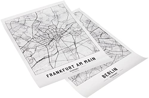 2 x Stadtplan Poster A2 Schwarz Weiß | 250 Gramm Papier | Bilder für Wohn- und Schlafzimmer | Sehr viele Stadtmotive | Ideale Geschenkidee | Ohne Rahmen | Poster Franfurkt und Berlin von Cool Factory