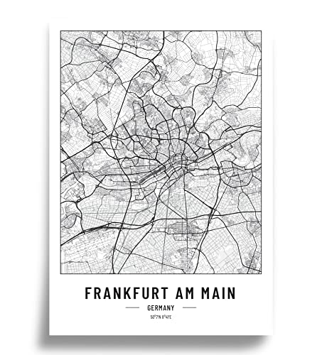 Poster Stadtplan | Moderne minimalistische wandbild Stadtkarten | Schwarz Weiß deko haushalt |w anddeko Kunstdrucke für Wanddekoration weltkarte | Geschenk fur haus | Papier 250gr Frankfurt A2 von Cool Factory