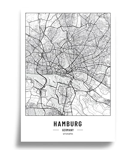 Poster Stadtplan | Moderne minimalistische wandbild Stadtkarten | Schwarz Weiß deko haushalt |w anddeko Kunstdrucke für Wanddekoration weltkarte | Geschenk fur haus | Papier 250gr Hamburg A2 von Cool Factory