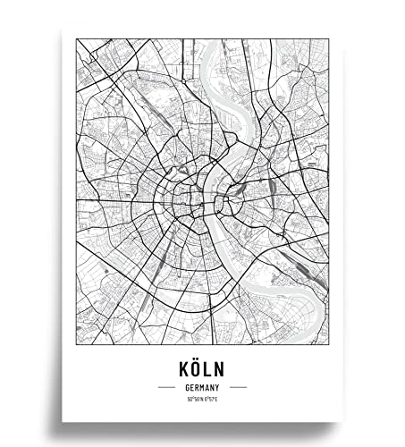 Poster Stadtplan | Moderne minimalistische wandbild Stadtkarten | Schwarz Weiß deko haushalt |w anddeko Kunstdrucke für Wanddekoration weltkarte | Geschenk fur haus | Papier 250gr Koln A2 von Cool Factory