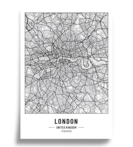 Poster Stadtplan | Moderne minimalistische wandbild Stadtkarten | Schwarz Weiß deko haushalt |w anddeko Kunstdrucke für Wanddekoration weltkarte | Geschenk fur haus | Papier 250gr London A2 von Cool Factory