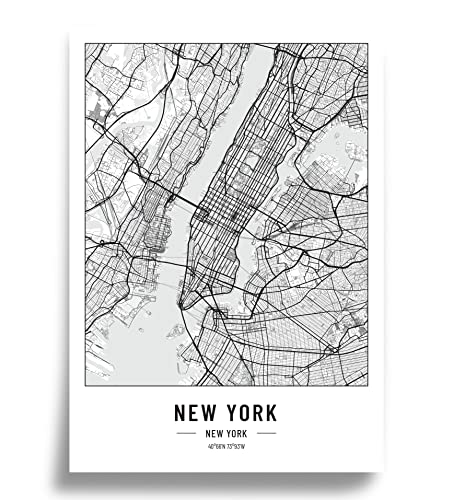 Poster Stadtplan | Moderne minimalistische wandbild Stadtkarten | Schwarz Weiß deko haushalt |w anddeko Kunstdrucke für Wanddekoration weltkarte | Geschenk fur haus | Papier 250gr New York A2 von Cool Factory