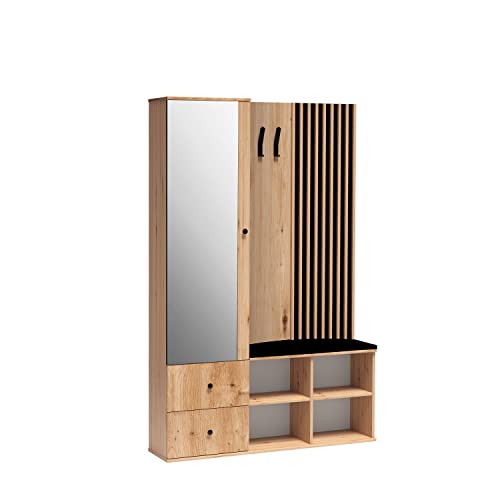 Cool24 CALI Gaderobenschränke Flur Set - Garderobe mit Spiegel - Robust Flurgarderobe - Garderobe mit Sitzbank - Schuhschrank - Garderobe Set - Modern Flurgarderoben Set mit Lamellen von Cool24