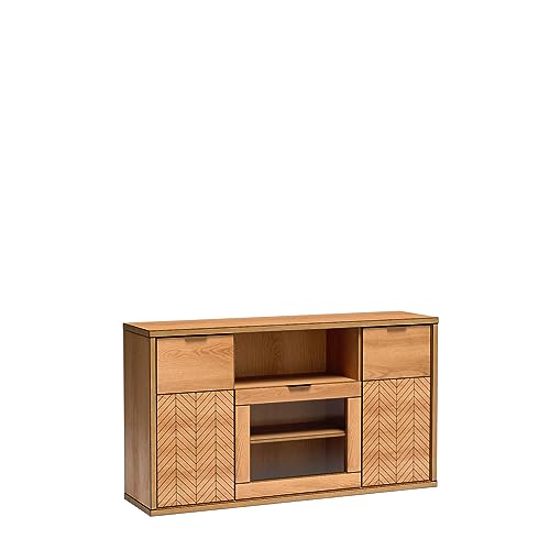 Cool24 FONTI Kommode - Kommode mit Schubladen - Schubladenschrank - Wohnzimmerschrank - Kommode Holz - Sideboard Wohnzimmer - Karamell Möbel mit Fischgrätenmuster - 158 x 40 cm mit Vitrine von Cool24