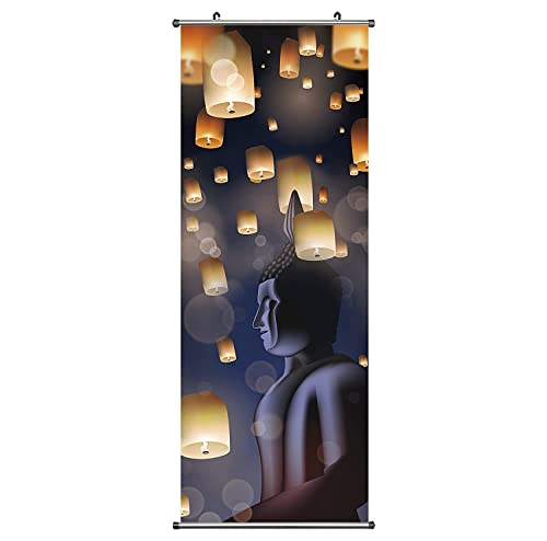 CoolChange Asiatisches Buddha Kakemono | Rollbild aus Stoff 100x40cm | Motiv: Himmelslaternen von CoolChange