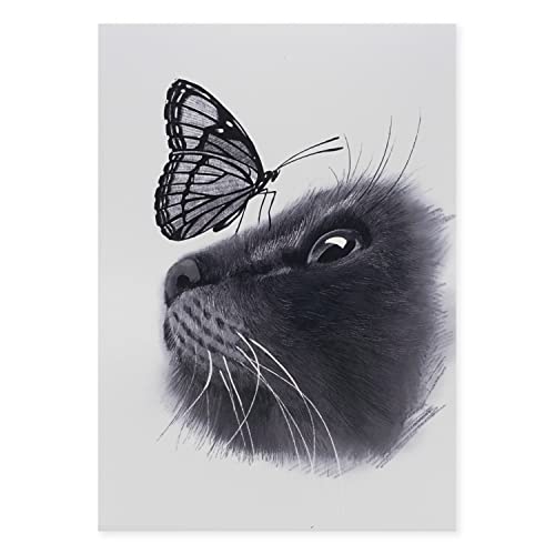 CoolChange Katze & Schmettling Wandbild | Poster auf Hartschaumplatte 30x42cm | Tusche Bild in Schwarz/Weiß von CoolChange