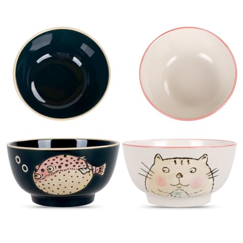 CoolChange Süßes Japanisches Reisschüssel Set | Handbemalt | 2 Stk. | Asiatische Essschalen | Dekor: Katze & Fisch von CoolChange