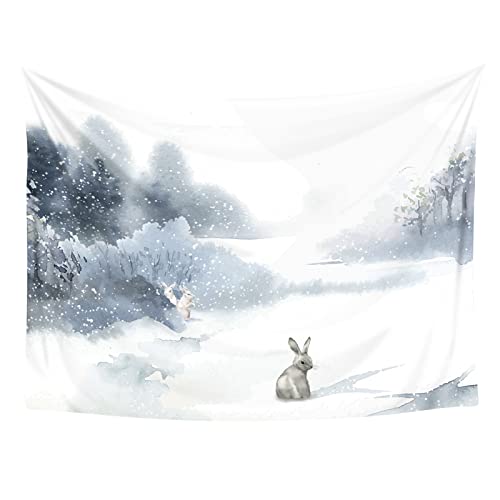 CoolChange Winterlandschaft Wandteppich | 145 x 130 cm | Wandbehang mit Hase im Schnee | Schneelandschaft Tapisserie | Inkl. Befestigungsmaterial | Weiß von CoolChange