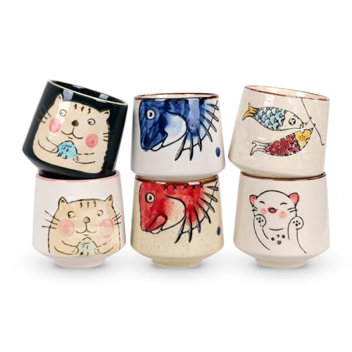 Süßes japanisches Teebecher Set mit Katzen & Fischen | 6 Stk. | Handbemalt | Asiatische Tee Tassen von CoolChange